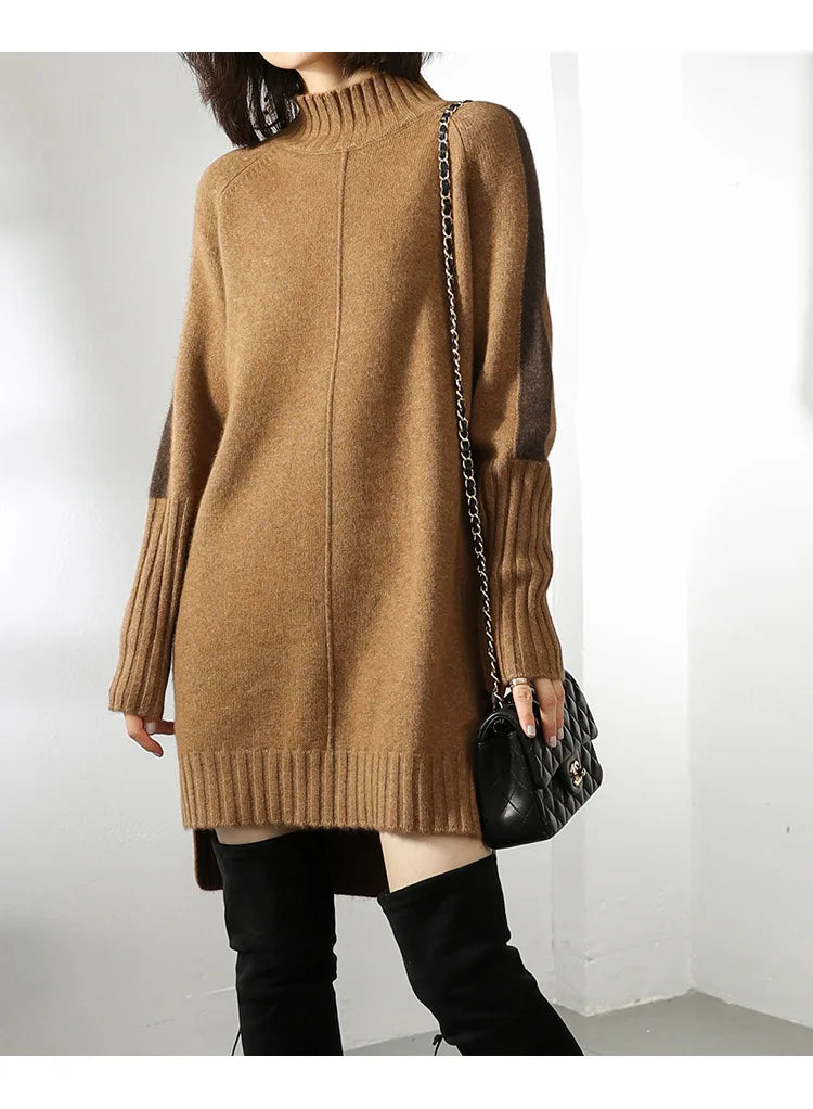 Cozy Brown Sweater Dress for Women with Turtleneck Long Sleeve Ribbed Oversized Knit Style