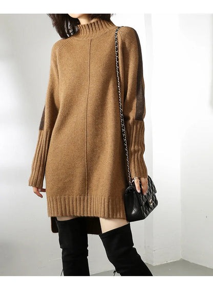 Cozy Brown Sweater Dress for Women with Turtleneck Long Sleeve Ribbed Oversized Knit Style