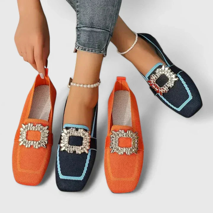 Stylish Knit Loafer for Women with Jeweled Buckle Square Toe Flat Style