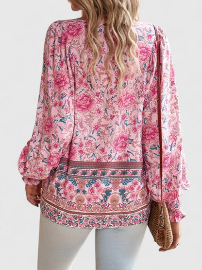 Effortless Floral Blouse for Women with V Neck Balloon Sleeve Smocked Cuff Bohemian Style