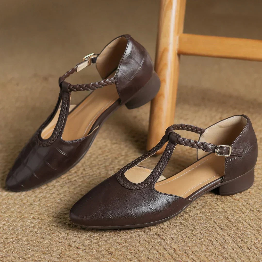 Elegant Croc Print Leather T-Strap Flats for Women with Braided Strap Pointed Toe Block Heel Style
