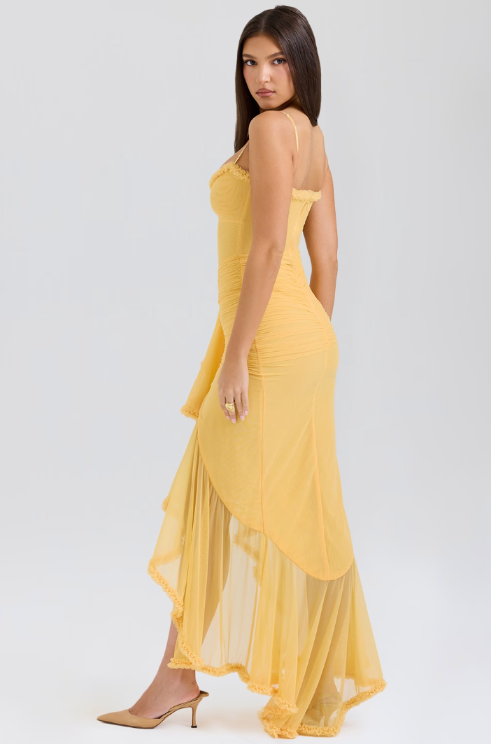 Elegant Mesh Cocktail Dress for Women with Sweetheart Neckline Ruffle Ruched High Low Style