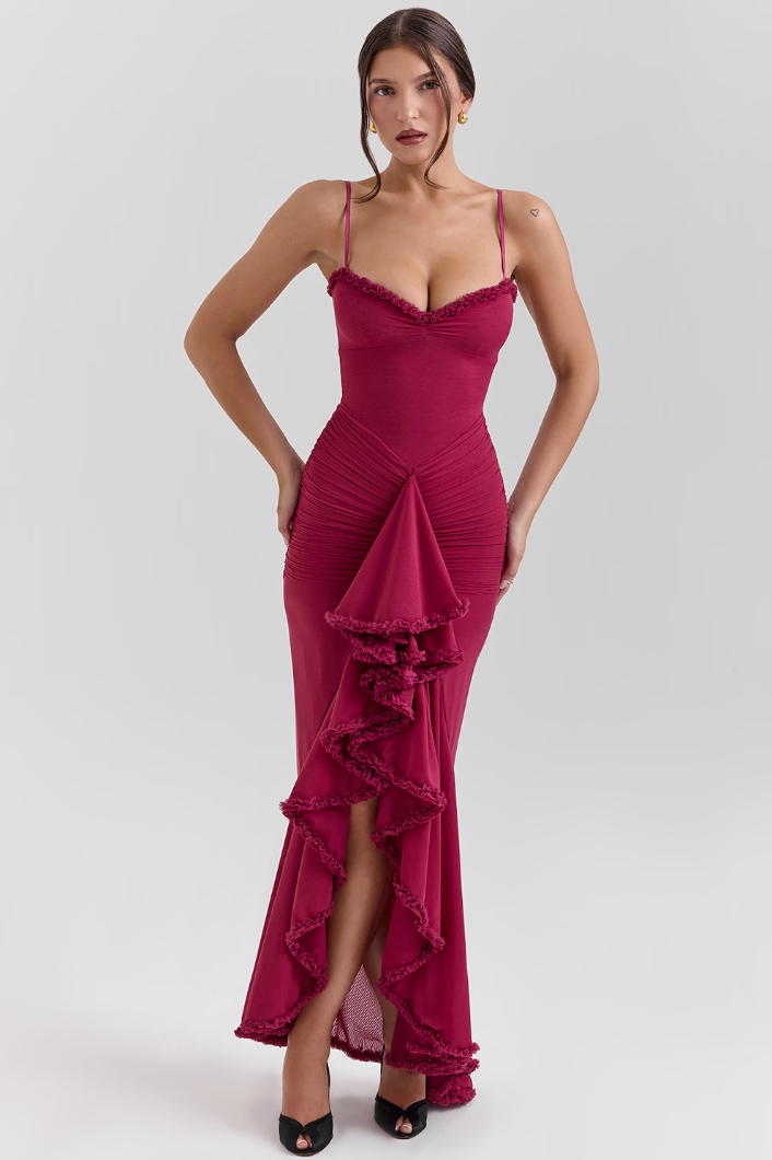Elegant Mesh Cocktail Dress for Women with Sweetheart Neckline Ruffle Ruched High Low Style