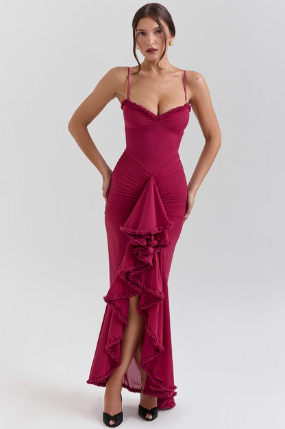 Elegant Mesh Cocktail Dress for Women with Sweetheart Neckline Ruffle Ruched High Low Style