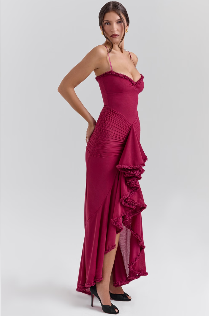 Elegant Mesh Cocktail Dress for Women with Sweetheart Neckline Ruffle Ruched High Low Style