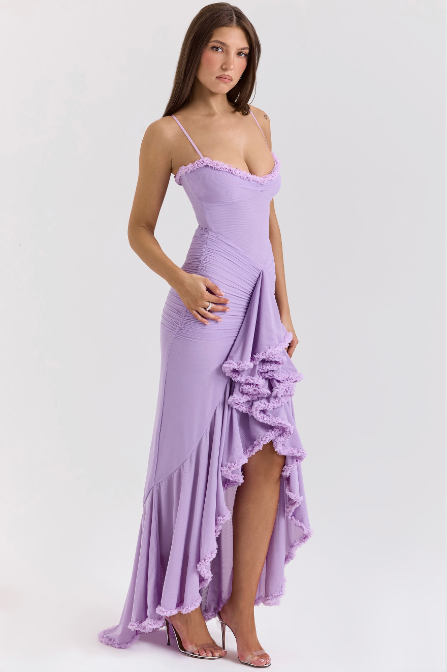 Elegant Mesh Cocktail Dress for Women with Sweetheart Neckline Ruffle Ruched High Low Style