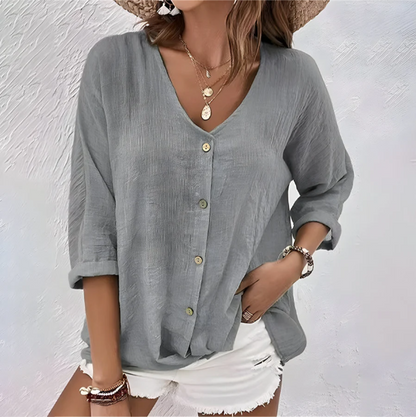 Effortless Linen Blouse for Women with V Neck Elbow Sleeve Button Front Relaxed Style