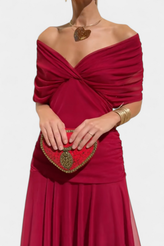 Elegant Red Chiffon Maxi Dress for Women with Off Shoulder Draped Twist Front Ruched Formal Wedding Guest Style