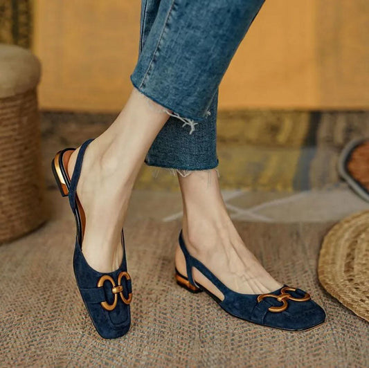 Elegant Suede Slingback Flat for Women with Square Toe Chain Buckle Low Block Heel Style