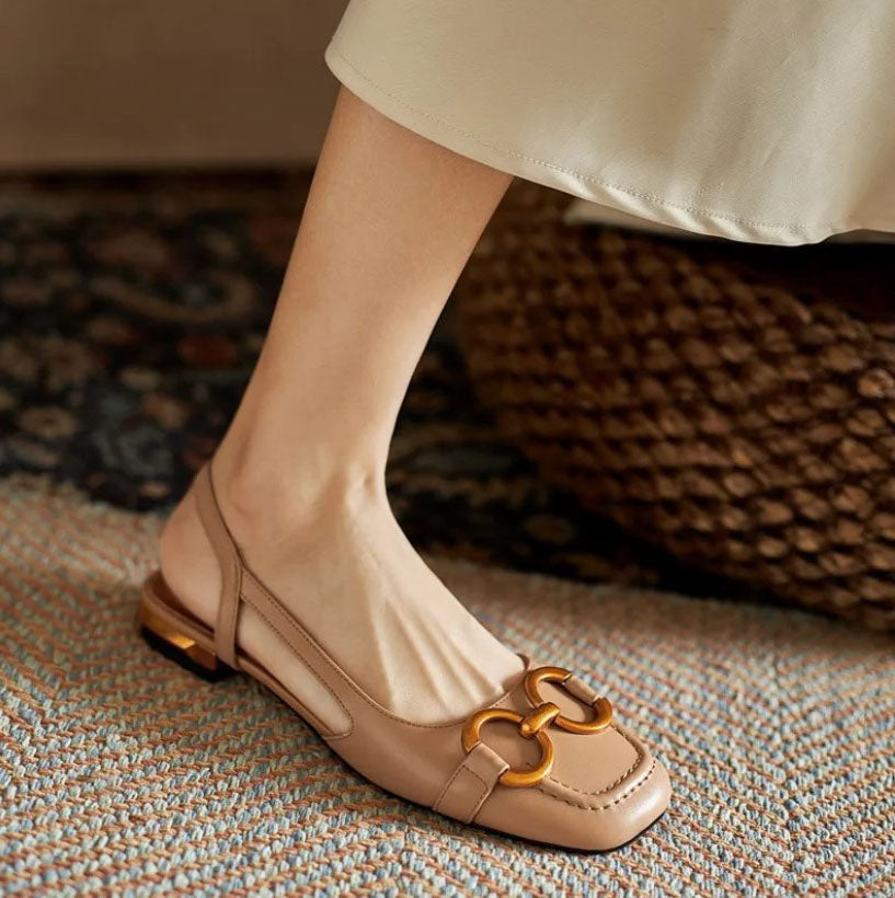 Elegant Suede Slingback Flat for Women with Square Toe Chain Buckle Low Block Heel Style