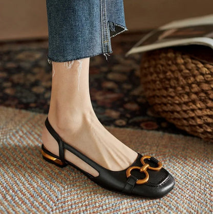 Elegant Suede Slingback Flat for Women with Square Toe Chain Buckle Low Block Heel Style