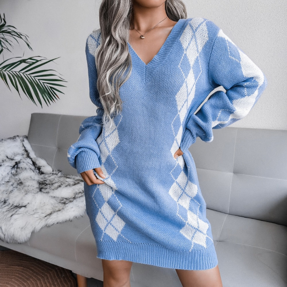 Warm Argyle Knit Sweater Dress for Women with V Neck Long Sleeve Relaxed Fit Knit Style
