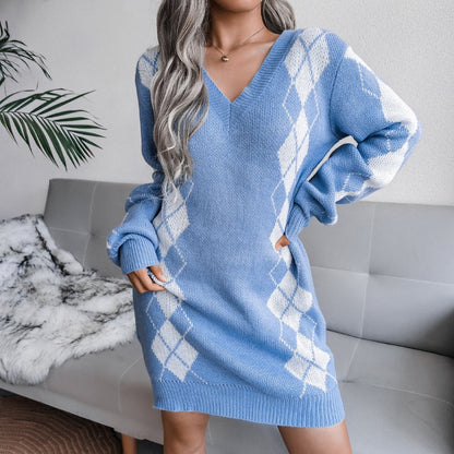 Warm Argyle Knit Sweater Dress for Women with V Neck Long Sleeve Relaxed Fit Knit Style