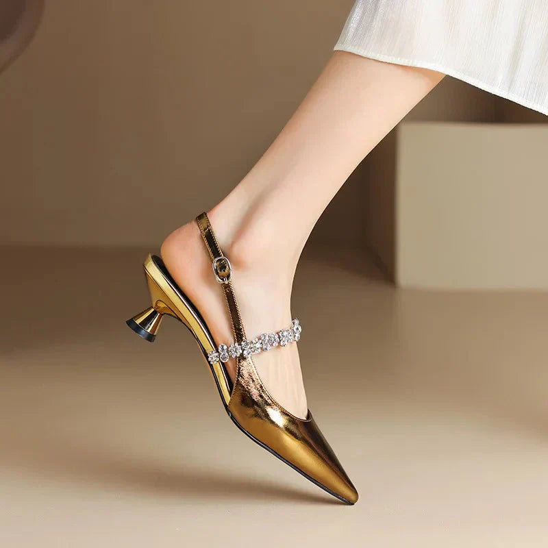Elegant Rhinestone Slingback Heel for Women with Pointed Toe Ankle Strap Sculptural Heel Style