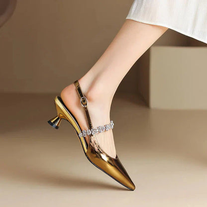 Elegant Rhinestone Slingback Heel for Women with Pointed Toe Ankle Strap Sculptural Heel Style