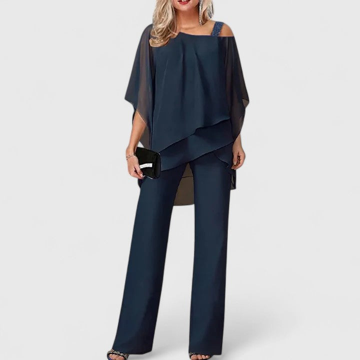 Elegant Chiffon Wide Leg Set for Women with Cold Shoulder Batwing Sleeve Layered Two Piece Style