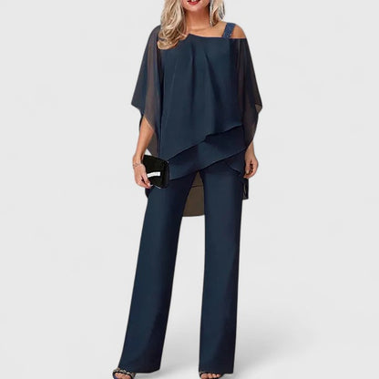Elegant Chiffon Wide Leg Set for Women with Cold Shoulder Batwing Sleeve Layered Two Piece Style