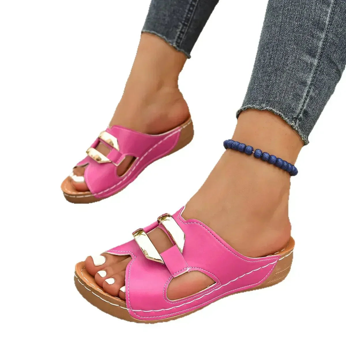 Comfortable Faux Leather Wedge Sandal for Women with Open Toe Metallic Buckle Cutout Platform Style