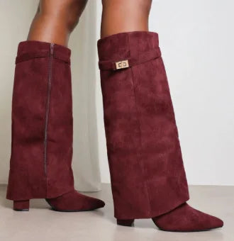 Elegant Tan Suede Knee High Boot for Women with Pointed Toe Fold Over Cuff Wedge Heel Style