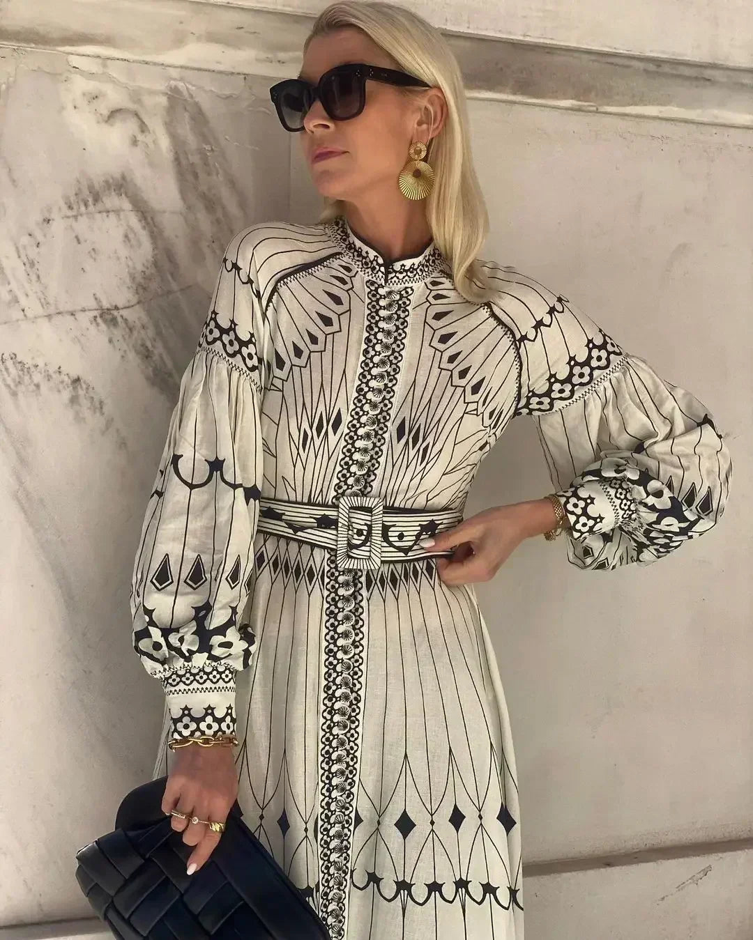 Elegant Beige Printed Midi Dress for Women with Mock Neck Bishop Sleeve Belted Boho Style