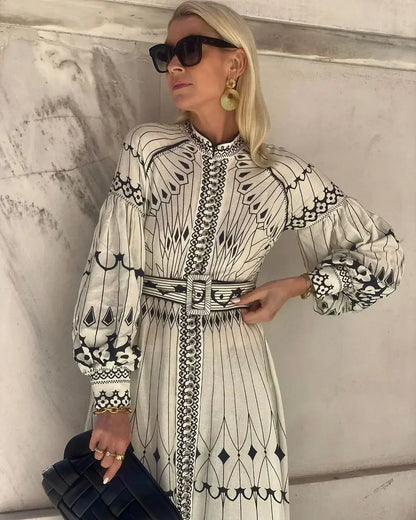 Elegant Beige Printed Midi Dress for Women with Mock Neck Bishop Sleeve Belted Boho Style