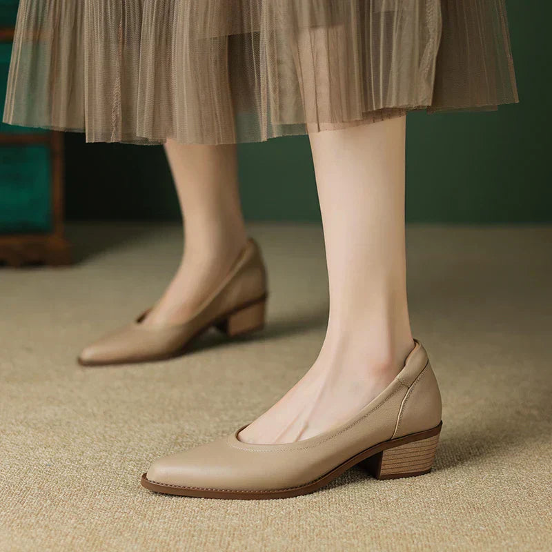 Elegant Leather Pointed Toe Pump for Women with Block Heel Slip On Vintage Style
