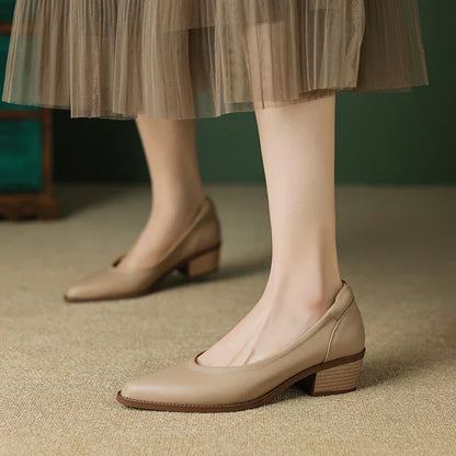 Elegant Leather Pointed Toe Pump for Women with Block Heel Slip On Vintage Style