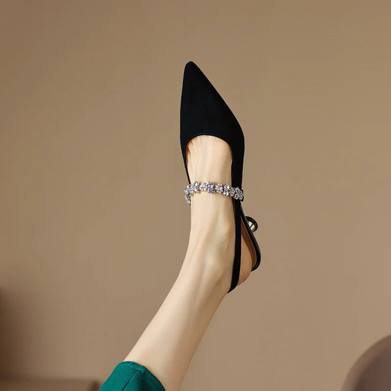 Elegant Rhinestone Slingback Heel for Women with Pointed Toe Ankle Strap Sculptural Heel Style