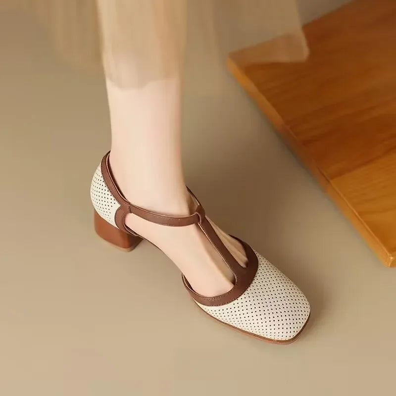 Elegant Perforated Leather Mary Jane Sandals for Women with T-Strap Square Toe Block Heel Vintage Style