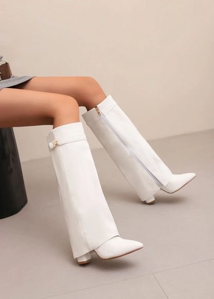 Elegant Tan Suede Knee High Boot for Women with Pointed Toe Fold Over Cuff Wedge Heel Style