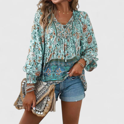 Effortless Floral Blouse for Women with V Neck Balloon Sleeve Smocked Cuff Bohemian Style