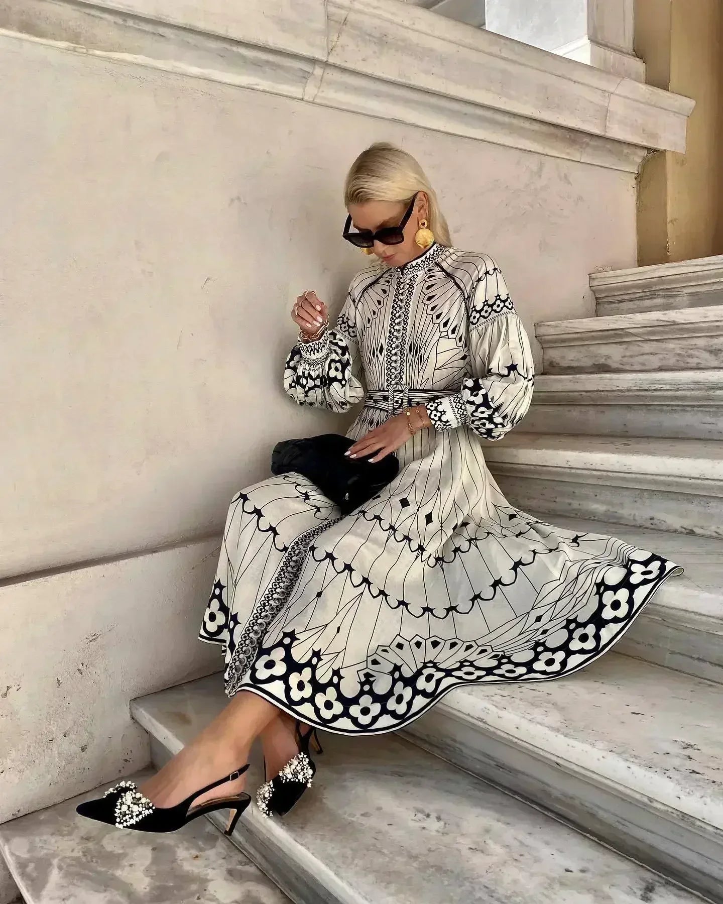 Elegant Beige Printed Midi Dress for Women with Mock Neck Bishop Sleeve Belted Boho Style