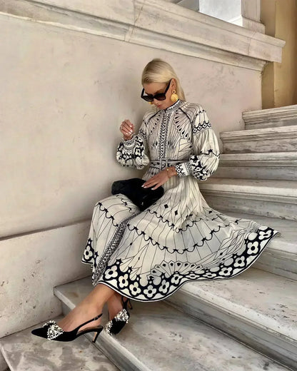 Elegant Beige Printed Midi Dress for Women with Mock Neck Bishop Sleeve Belted Boho Style