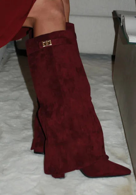 Elegant Tan Suede Knee High Boot for Women with Pointed Toe Fold Over Cuff Wedge Heel Style