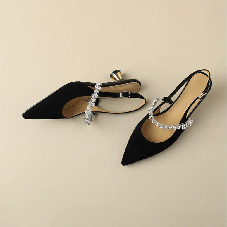 Elegant Rhinestone Slingback Heel for Women with Pointed Toe Ankle Strap Sculptural Heel Style