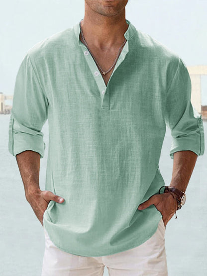 Effortless Linen Shirt for Women with Stand Collar Long Sleeve Button Placket Relaxed Casual Style