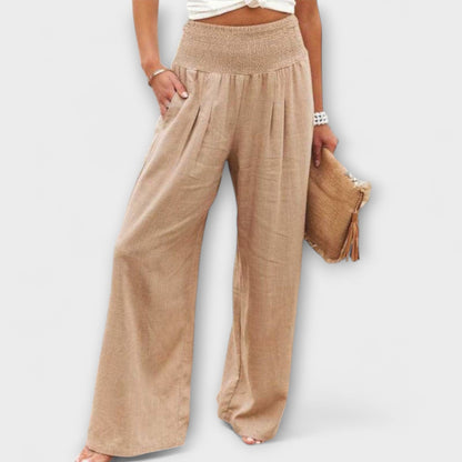 Effortless Khaki Linen Wide Leg Pants for Women with Smocked High Waist Pleated Relaxed Flowing Style