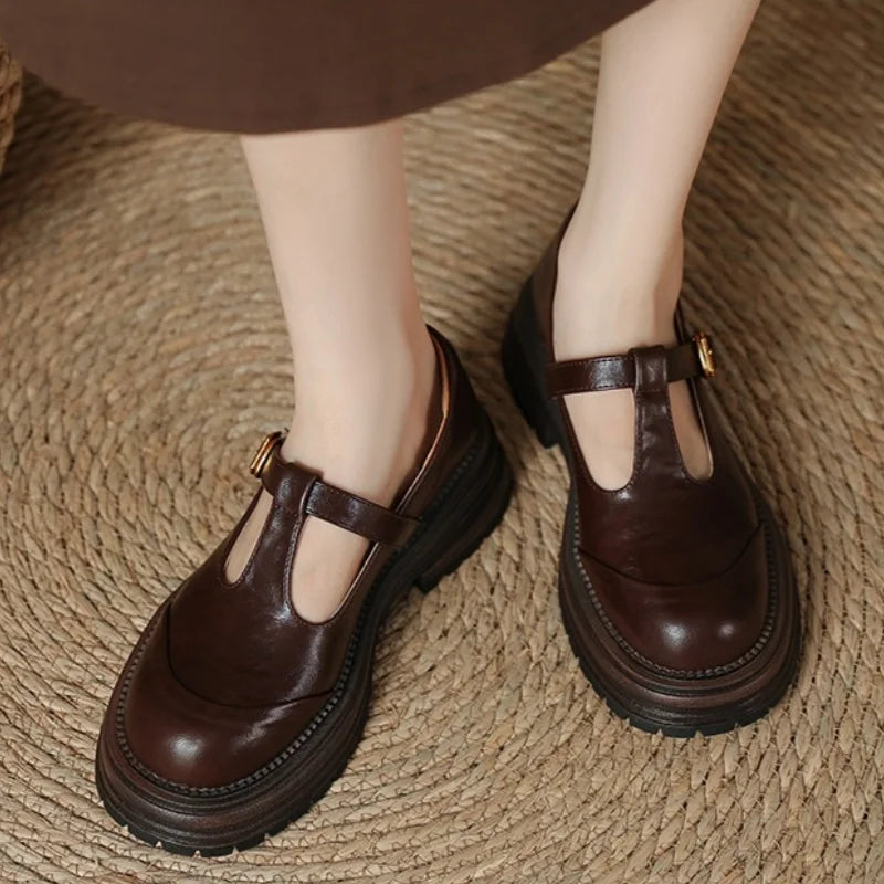 Elegant Leather Mary Jane Platform Shoe for Women with T Strap Buckle Chunky Sole Vintage Style