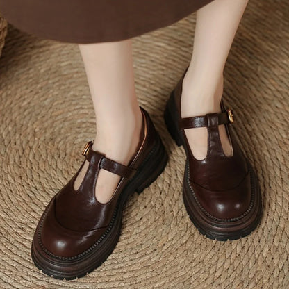 Elegant Leather Mary Jane Platform Shoe for Women with T Strap Buckle Chunky Sole Vintage Style