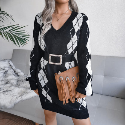 Warm Argyle Knit Sweater Dress for Women with V Neck Long Sleeve Relaxed Fit Knit Style