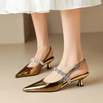 Elegant Rhinestone Slingback Heel for Women with Pointed Toe Ankle Strap Sculptural Heel Style
