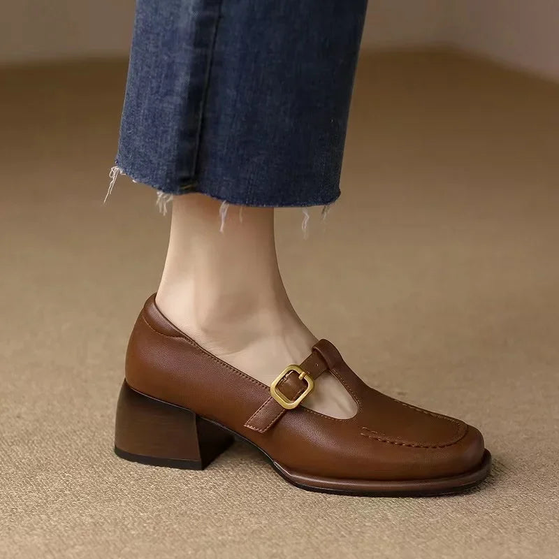 Elegant Leather Mary Jane Loafer for Women with Square Toe T Strap Buckle Block Heel Style