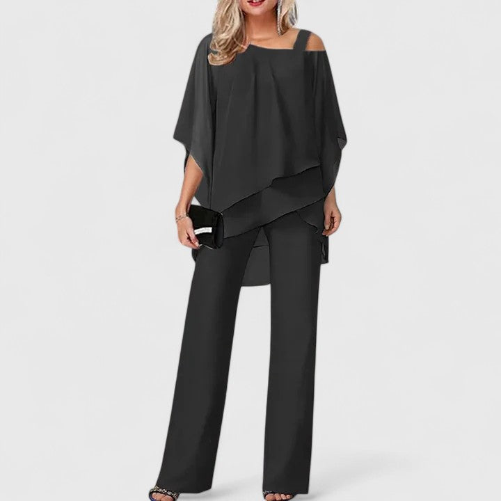 Elegant Chiffon Wide Leg Set for Women with Cold Shoulder Batwing Sleeve Layered Two Piece Style