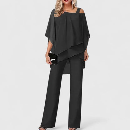 Elegant Chiffon Wide Leg Set for Women with Cold Shoulder Batwing Sleeve Layered Two Piece Style