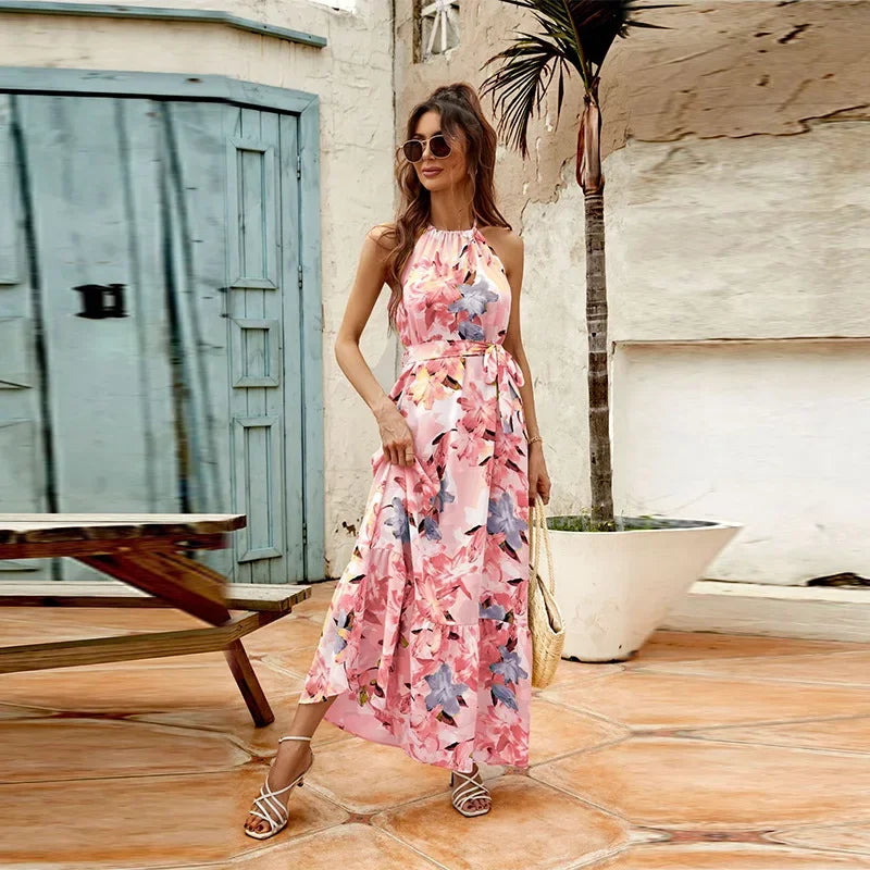 Elegant Floral Maxi Cocktail Dress for Women with Halter Neck Sleeveless Tie Waist Flowing Style