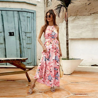 Elegant Floral Maxi Cocktail Dress for Women with Halter Neck Sleeveless Tie Waist Flowing Style