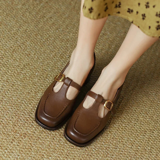 Elegant Leather Mary Jane Loafer for Women with Square Toe T Strap Buckle Block Heel Style