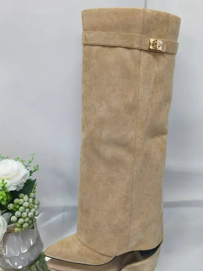 Elegant Tan Suede Knee High Boot for Women with Pointed Toe Fold Over Cuff Wedge Heel Style
