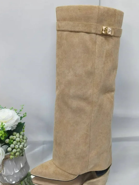 Elegant Tan Suede Knee High Boot for Women with Pointed Toe Fold Over Cuff Wedge Heel Style