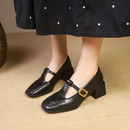 Stylish Leather Mary Jane Pumps for Women with T Strap Square Toe Block Heel Vintage Style